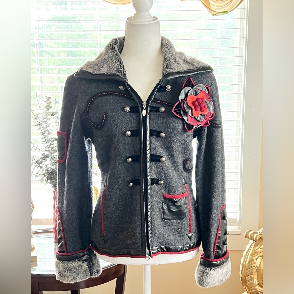 Cove Dark Gray Wool Utility Jacket with Red Trim & Flower Accent